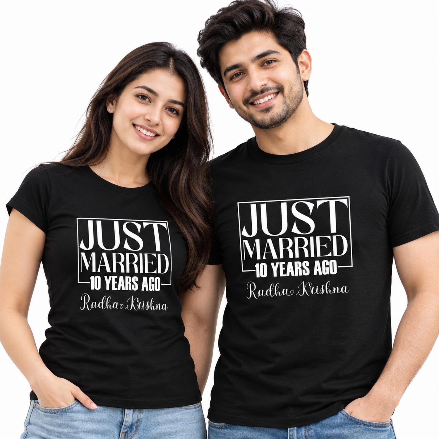 Couple wearing matching black Just Married 10 Years Ago anniversary T-shirts with bold white framed typography and personalized Radha Krishna names.