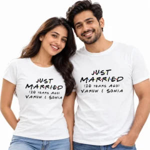 Couple wearing matching white Just Married 20 Years Ago T-shirts featuring black handwritten-style lettering, colorful dots, and Varun & Sonia names.