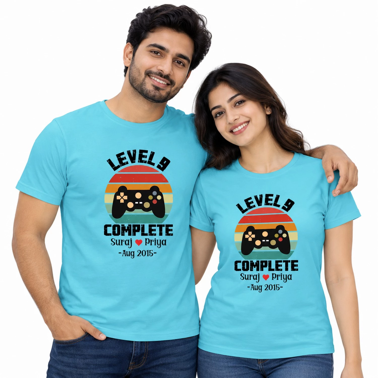 Couple wearing matching black Just Married 10 Years Ago T-shirts with large white number 10, gold anniversary lettering, and Add Your Names customization text.