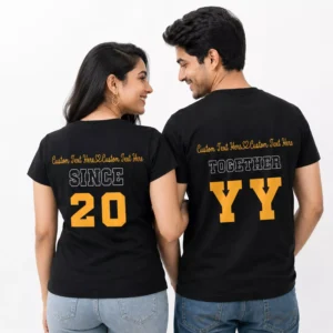 Couple wearing matching black personalized Together Since T-shirts with custom names and year design, suitable for anniversary gifts and relationship milestone celebrations.
