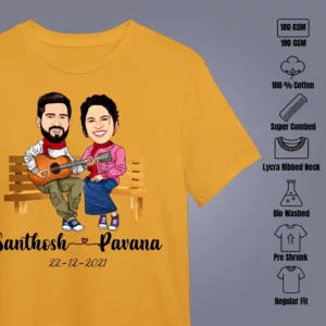 showing features of Personalized Caricature Couple T-Shirt with Custom Names & Date