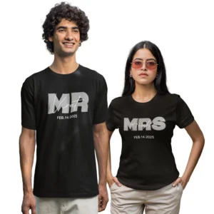 Matching custom printed T-shirts for couples – front view