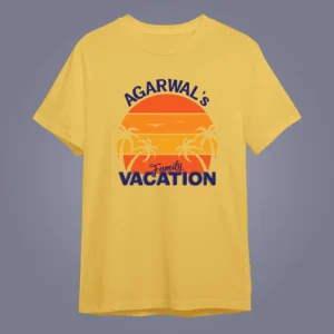 flat lay mockup of custom matching vacation t-shirts on Yellow color t-shirt