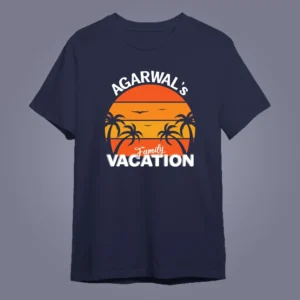 flat lay mockup of custom matching vacation t-shirts on navy blue color t-shirt