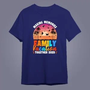 flat lay mockup of custom Vacation Matching T-shirts on navy blue color t-shirt