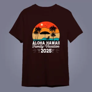 flat lay mockup of custom Vacation Aloha Hawaii design on Maroon color t-shirt