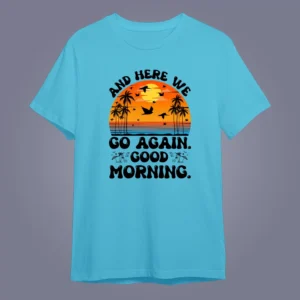 Flaty lay mockup of Vacation Matching T-Shirts – Unique Custom Designs on sky blue color T-shirt