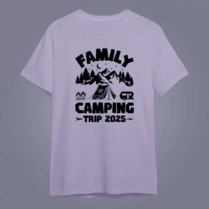 flatlay mockup of Vacation 2025 Matching T-Shirts on lavender color t-shirt