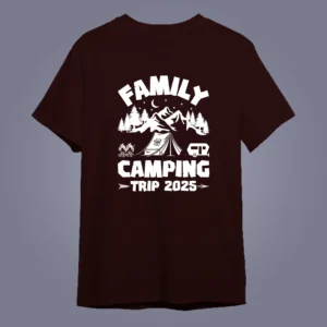 flatlay mockup of Vacation 2025 Matching T-Shirts on maroon color t-shirt