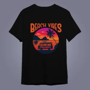 Flat lay mockup of Beach Trip Family T-Shirts on black color T-shirt