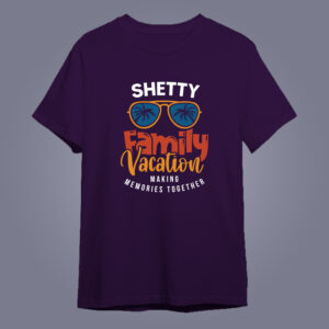 flat lay mockup of Vacation Shirts with Surnames on purple color T-shirt
