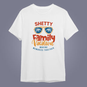 flatlay mockup of Vacation Shirts with Surnames on white color t-shirt