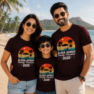 Family wearing matching maroon Aloha Hawaii Family Vacation 2025 T-shirts with tropical sunset and palm tree design