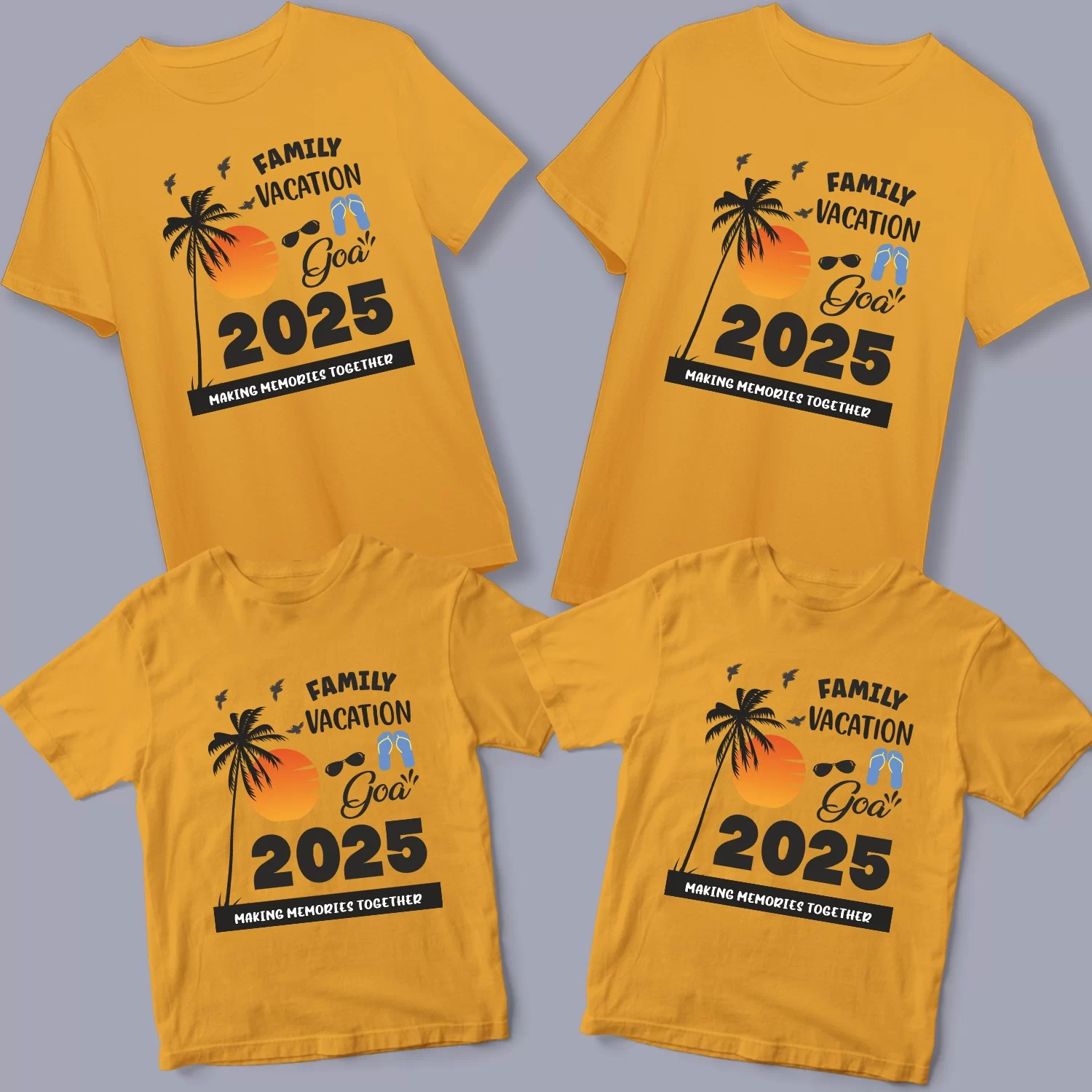 Beach vibes family t-shirts in yellow color for Goa vacation 2025 with sunset, palm tree, and matching family travel design.
