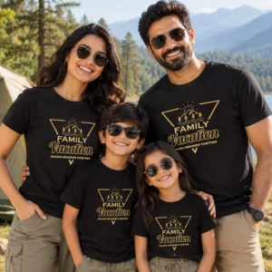 Family of four wearing matching black Family Vacation Making Memories Together T-shirts with mountain and pine tree design
