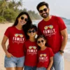 Family of four wearing matching red Family Vacation 2025 T-shirts with colorful tropical sunglasses graphic