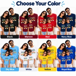 Matching family vacation T-shirts displayed in black, maroon, red, navy blue, sky blue, white, yellow, and royal blue color options.