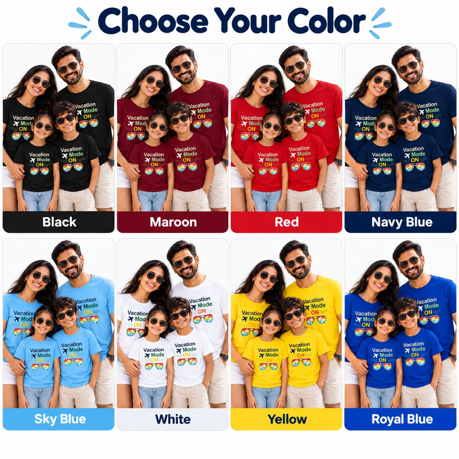 Matching family vacation T-shirts displayed in black, maroon, red, navy blue, sky blue, white, yellow, and royal blue color options.