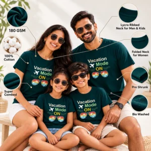Family wearing matching dark teal vacation T-shirts with callouts for 180 GSM, 100% cotton, super combed, pre shrunk, bio washed, and neck styles.
