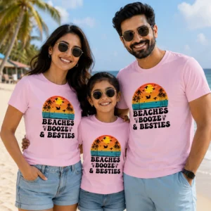 Family wearing matching pink Beaches Booze and Besties vacation T-shirts with tropical sunset and palm tree design