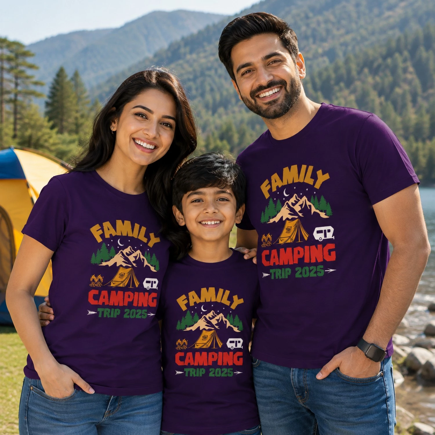 Family wearing matching purple Family Camping Trip T-shirts with mountain, tent and outdoor adventure design