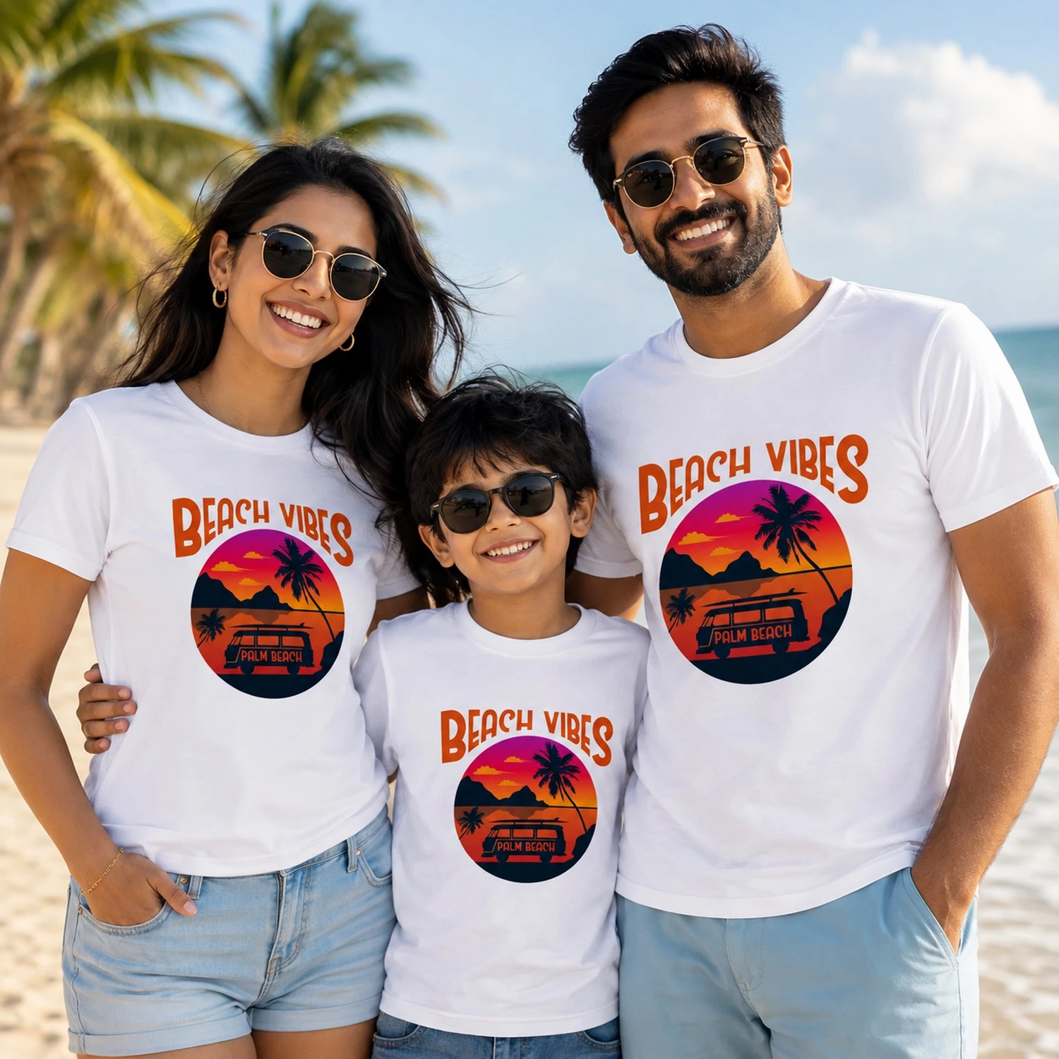 Family wearing matching white Beach Vibes vacation T-shirts with sunset, palm tree and tropical beach graphic