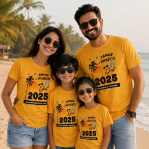 Family of four wearing matching yellow Goa Family Vacation 2025 T-shirts with sunset, palm tree and beach graphics