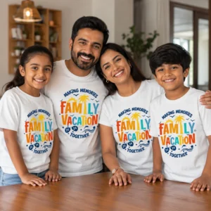 Family of four wearing matching white Making Memories Family Vacation Together 2024 T-shirts with colorful tropical design