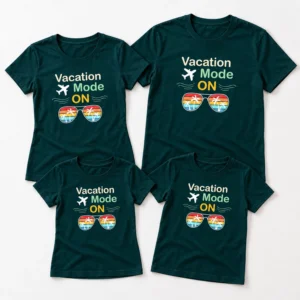 Four dark teal matching family vacation T-shirts arranged on a white background with colorful “Vacation Mode ON” travel graphics.