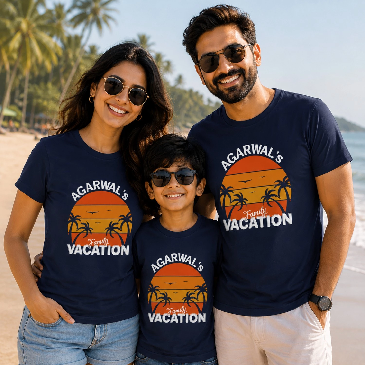 Family wearing personalized navy blue Agarwal's Family Vacation T-shirts with tropical sunset and palm tree design