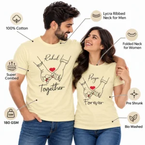 Couple wearing personalized Rahul and Priya matching T-shirts with infographic labels for 100% cotton, 180 GSM, super combed, pre shrunk, and bio washed fabric.