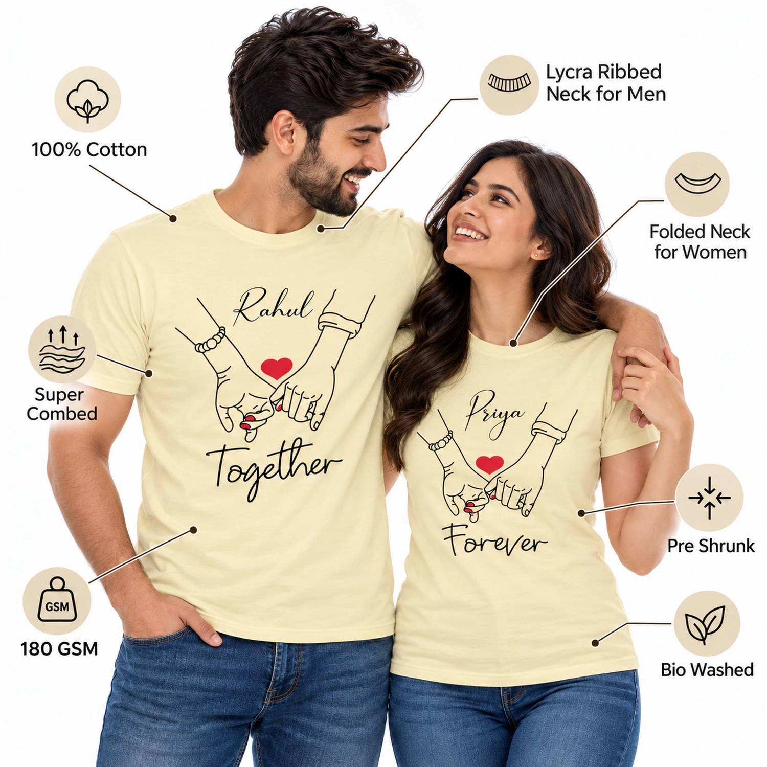 Couple wearing personalized Rahul and Priya matching T-shirts with infographic labels for 100% cotton, 180 GSM, super combed, pre shrunk, and bio washed fabric.