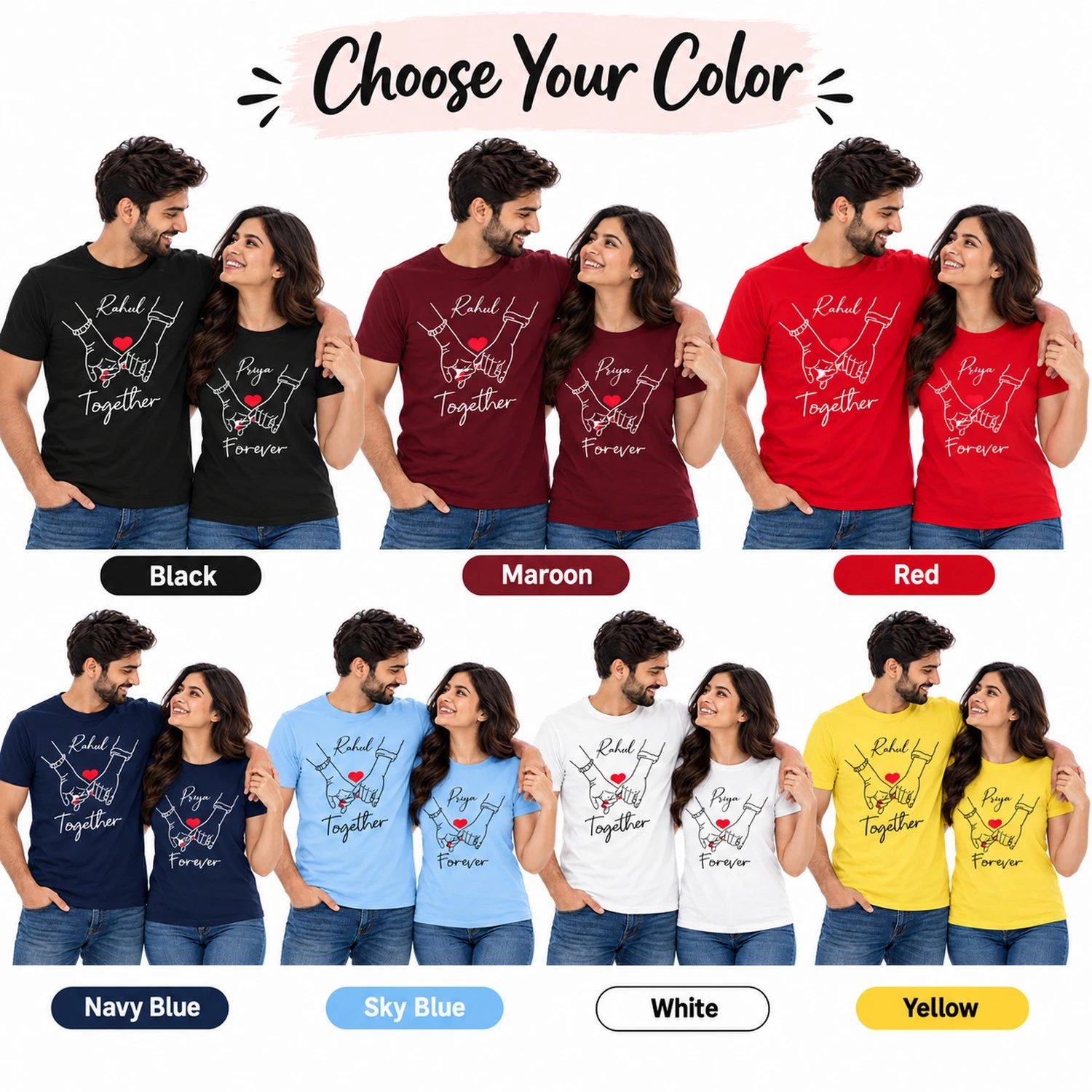 Personalized couple T-shirts shown in black, maroon, red, navy blue, sky blue, white, and yellow with Rahul and Priya Together Forever prints.