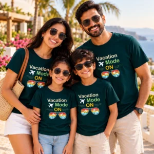 Family of four at a tropical seaside destination wearing matching dark teal “Vacation Mode ON” family beach T-shirts.