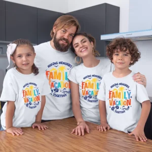 Personalized family vacation T shirts with custom names worn by parents and kids matching family holiday travel shirts for family trip outfits