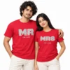 Indian couple wearing red MR and MRS T-shirts personalized with cursive names and the date FEB.14.2025 in white print.