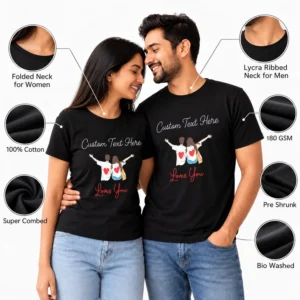 Couple wearing personalised black matching T-shirts with cartoon illustration and custom text, surrounded by callouts for 180 GSM, 100% cotton, super combed, pre shrunk, bio washed, and neck styles.