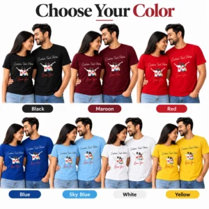 Personalised matching couple T-shirts displayed in black, maroon, red, blue, sky blue, white, and yellow with custom text and cartoon couple design.