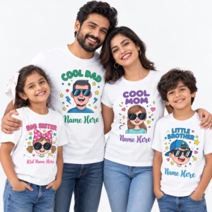 Personalized family matching T-shirts in white featuring Cool Dad, Cool Mom, Big Sister and Little Brother cartoon designs with custom name personalization.