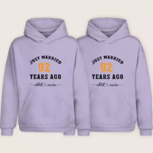 Lavender 2nd anniversary matching couple hoodies with “Just Married 02 Years Ago” personalized design.