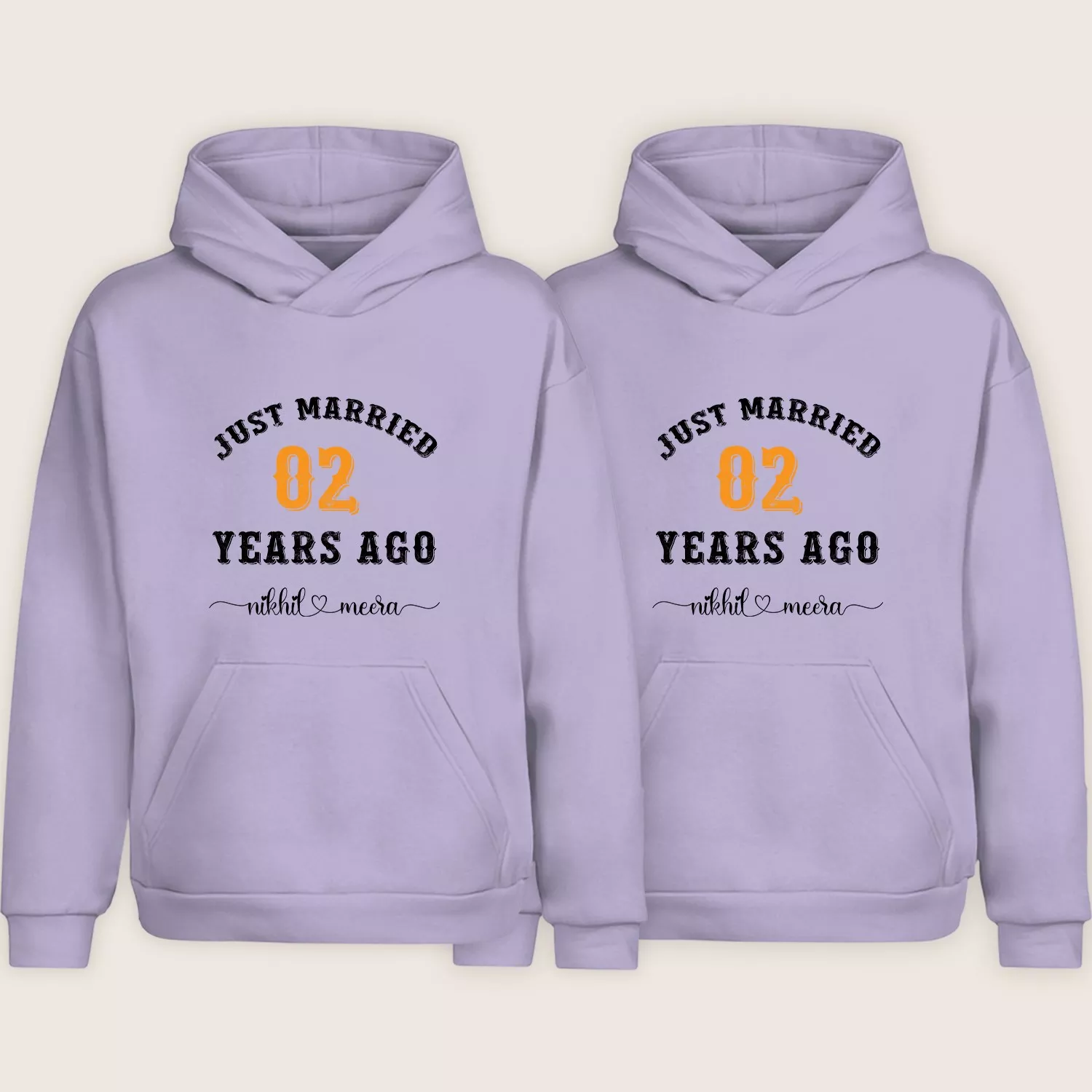 Lavender 2nd anniversary matching couple hoodies with “Just Married 02 Years Ago” personalized design.