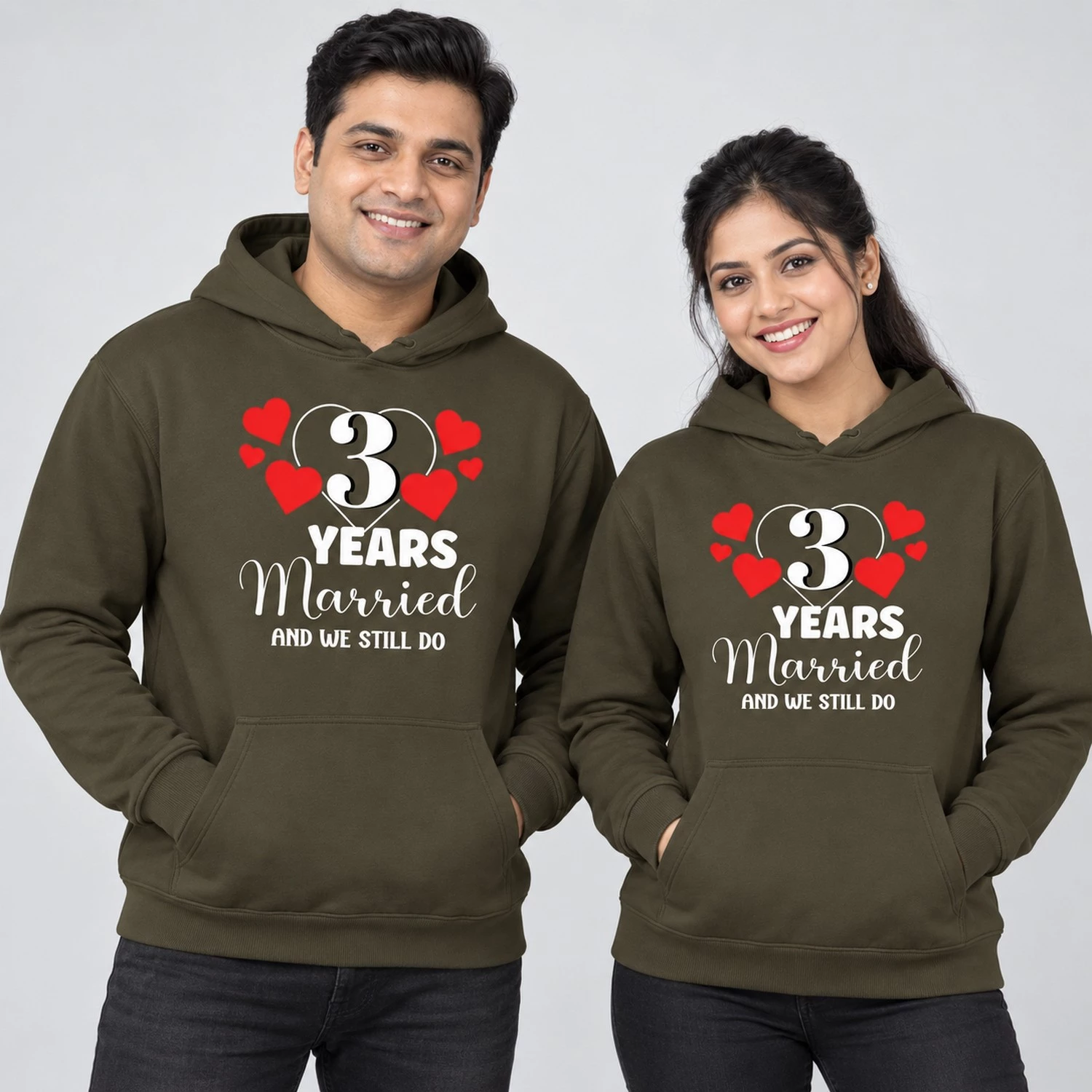 Personalized 3rd anniversary couple hoodies in olive green with 3 Years Married And We Still Do heart design