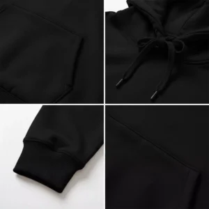 Close-up fabric and stitching details of black unisex hoodie used for personalized couple hoodies
