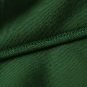 Close-up view of dark green hoodie fabric and stitching used for personalized hoodies
