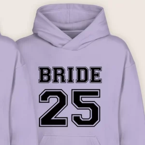 Close-up of lavender Bride hoodie with custom number 25 printed on the front