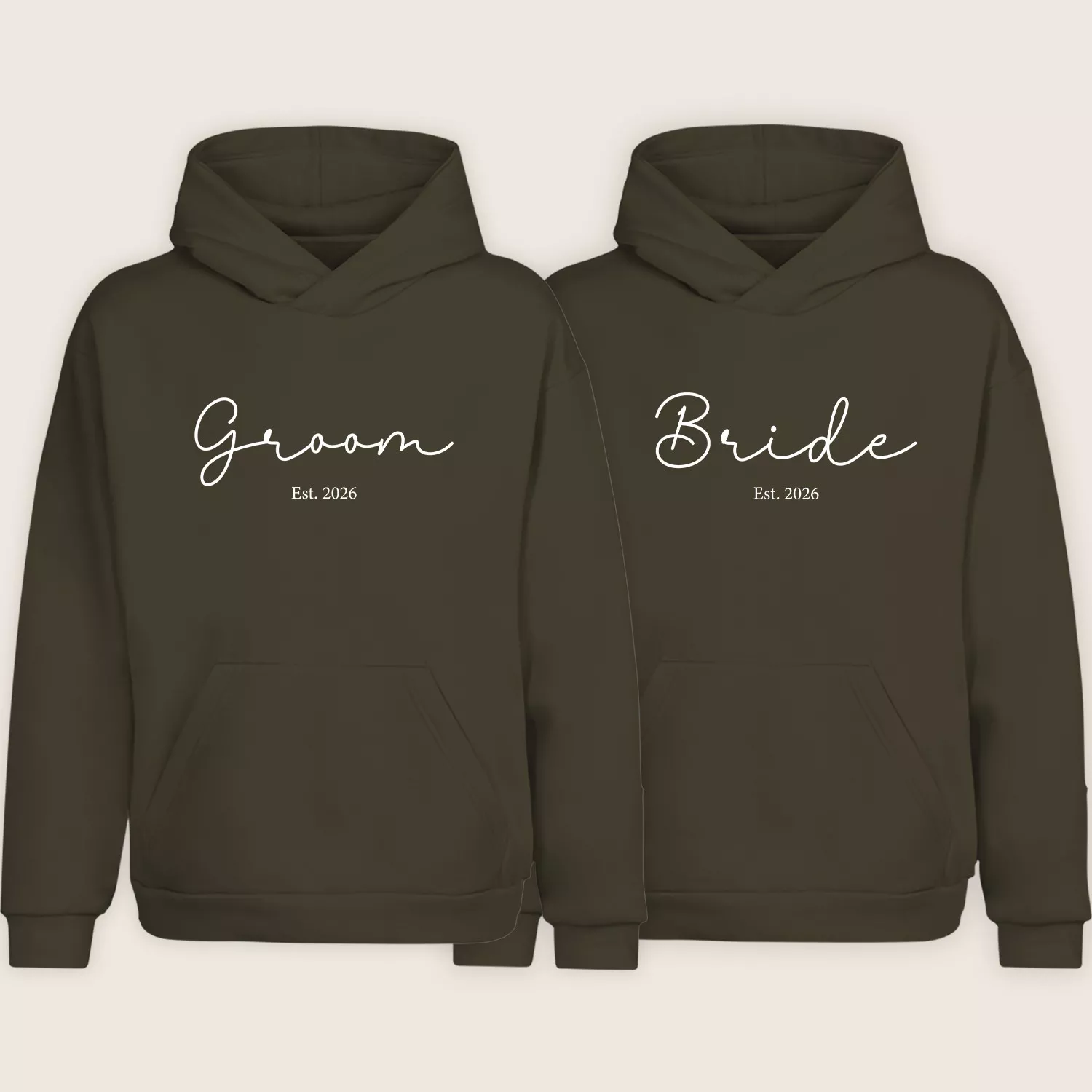 Matching Bride and Groom hoodies in olive green with “Est. 2026” personalized print for wedding couples.