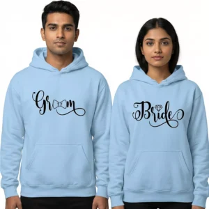 Bride and groom matching light blue couple hoodies with stylish printed design