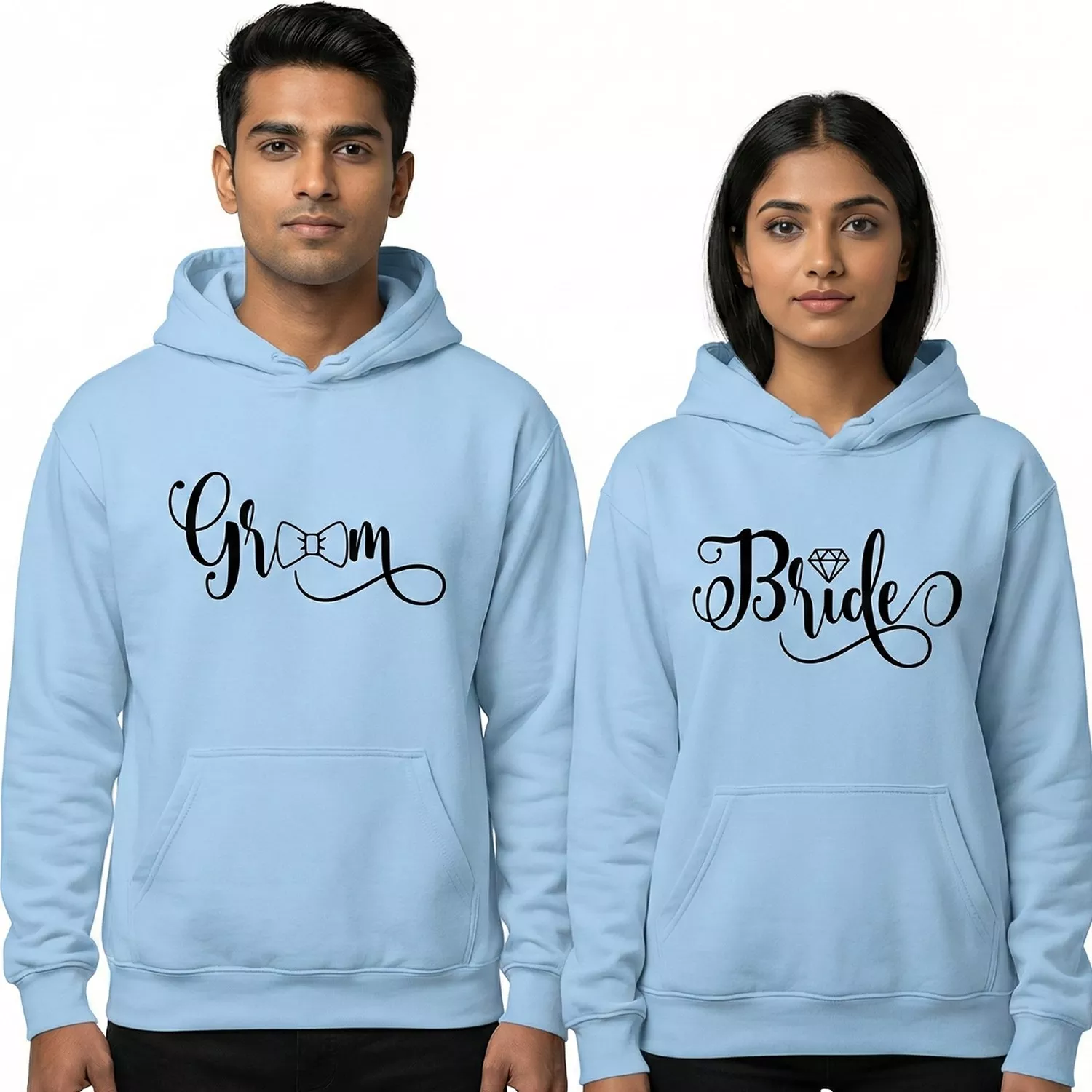 Bride and groom matching light blue couple hoodies with stylish printed design