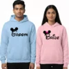 personalized bride and groom hoodies in pink and blue with stylish printed design