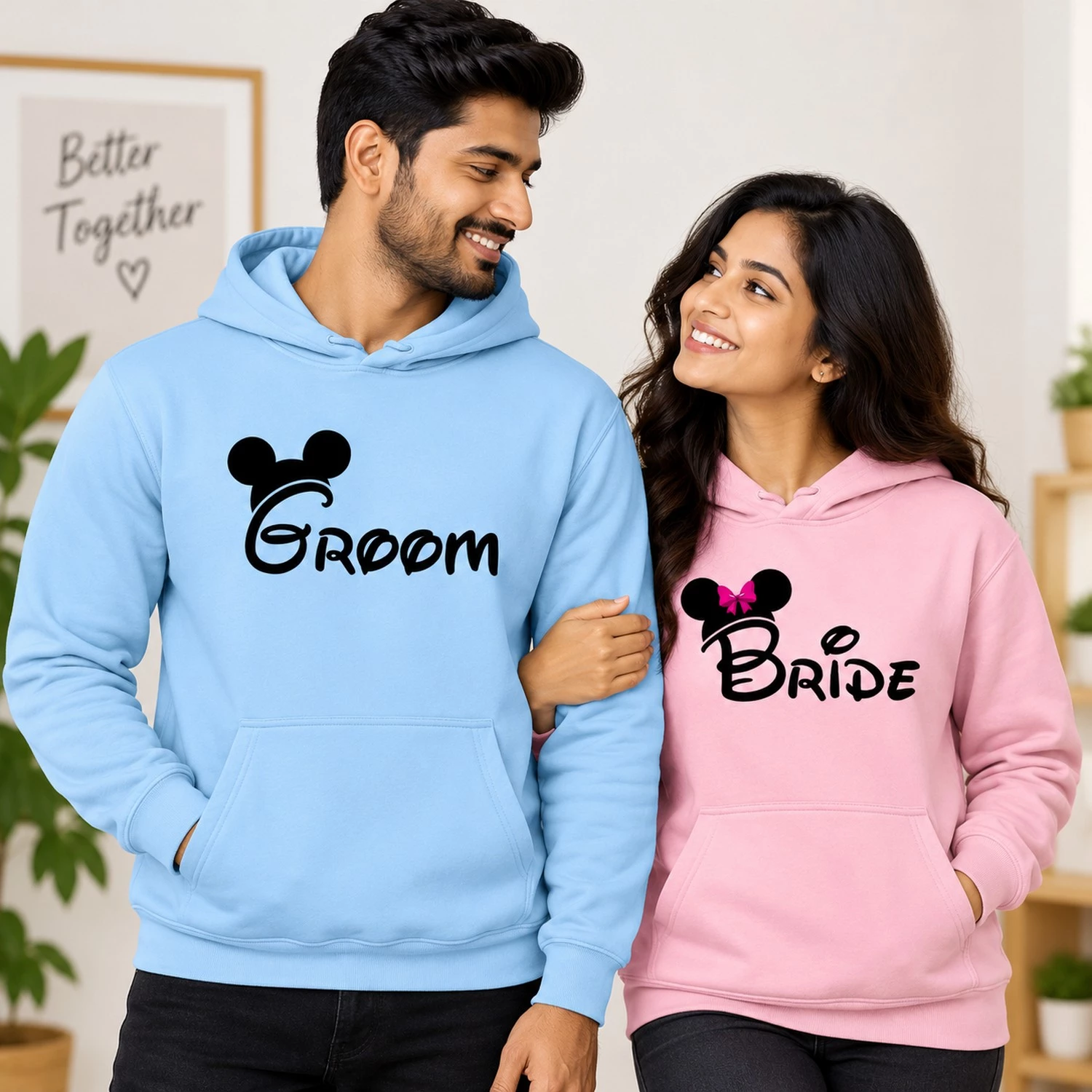 personalized bride and groom hoodies in pink and blue with stylish printed design